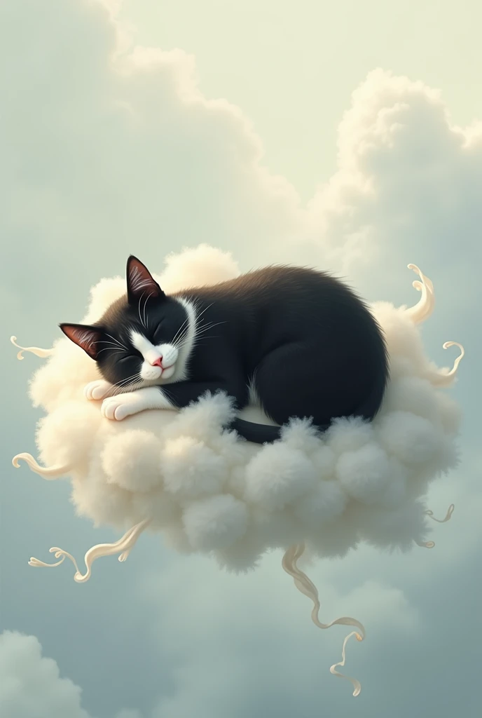 tuxedo cat sleeping on a cloud