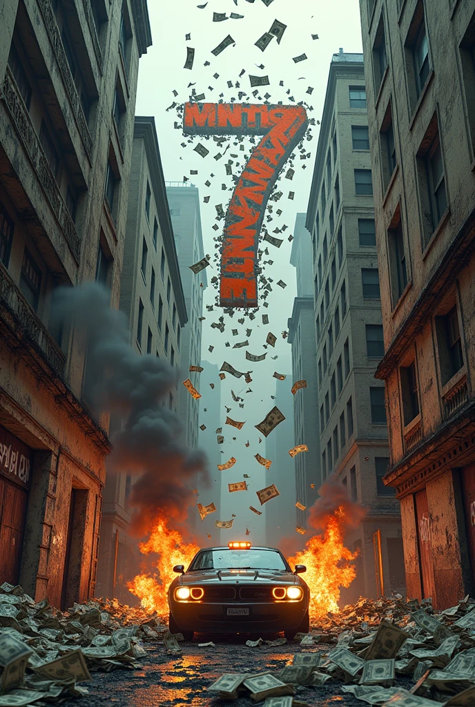 7Mandrak7 graffiti on top of several buildings , car on fire , money rain