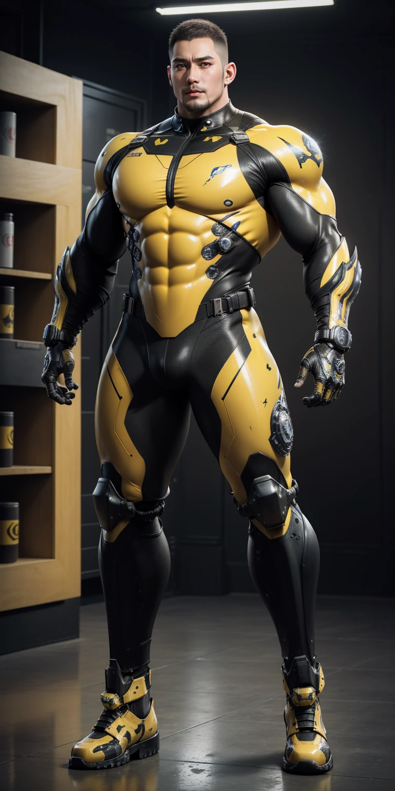 Tall giant muscular police officer，Yellow and black camouflage patterned nano mecha，Honeycomb pattern，Lightweight texture，Character Concept（Resident Evil - Chris Redfield，Chris Redfield）senior police officer，Small grid texture，Regular symmetrical texture pattern，Sad expression，Deep and charming eyes，Standing in a bright mechanical laboratory，Emerald Eyes Hero，Heroic male pose，高大Burly，muscular！Attractive leg muscles，High target, Burly, Heqiang，  Super Buff and Coolness， High Resolution Committee， Bigfoot yellow-gray ultra-thin nano-mechanical boots，Charismatic strongman，The bright sunshine shines on you，Matte particles，Shiny texture