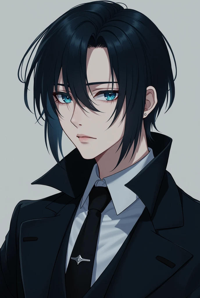 Hair: Sleek, dark hair that contrasts with his pale complexion. The hair could be styled neatly or with a subtle wave, emphasizing a refined and sophisticated look.Eyes: Sharp, intense eyes with a clear, almost icy blue or steel-gray color. These eye colors evoke a sense of clarity and depth, fitting the name "Ruri," which means "lapis lazuli" (a deep blue stone).Facial Features: Angular and well-defined features. High cheekbones and a strong jawline contribute to an elegant yet striking appearance.Clothing: A blend of classic and modern styles. He could wear a tailored suit in dark tones, like charcoal or navy, with a crisp white shirt. Alternatively, a high-collared coat or a sleek, minimalist outfit in dark colors would suit him well.Accessories: A subtle, elegant accessory like a silver or platinum tie pin, cufflinks, or a watch could add a touch of sophistication without overpowering the look.Overall Presence: Ruri Shiraishi should exude a calm and composed demeanor, with an aura of understated elegance and confidence. His appearance should reflect a blend of refinement and mystery, fitting the meaning of "Shiraishi" (white stone) and the sophisticated connotation of "Ruri."