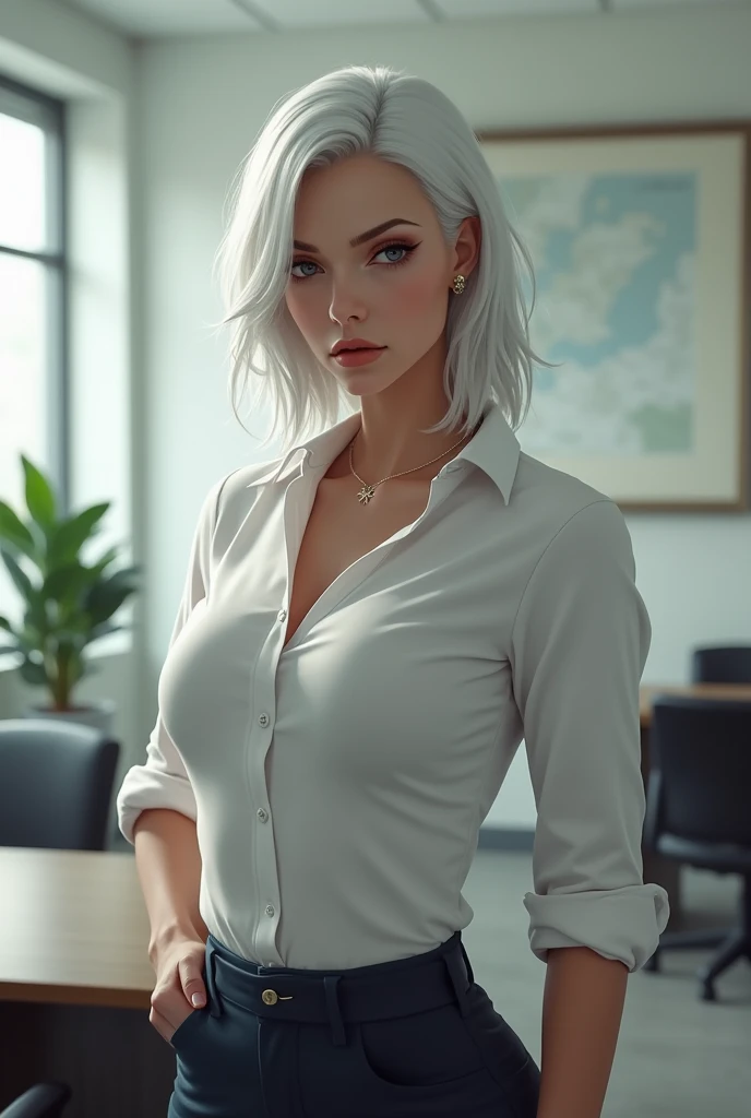 Woman with muscular arms, fitted white shirt, shoulder length white hair, White skin, relaxed pose, attractive, high, intimidating look, office background, indifferent expression, male 