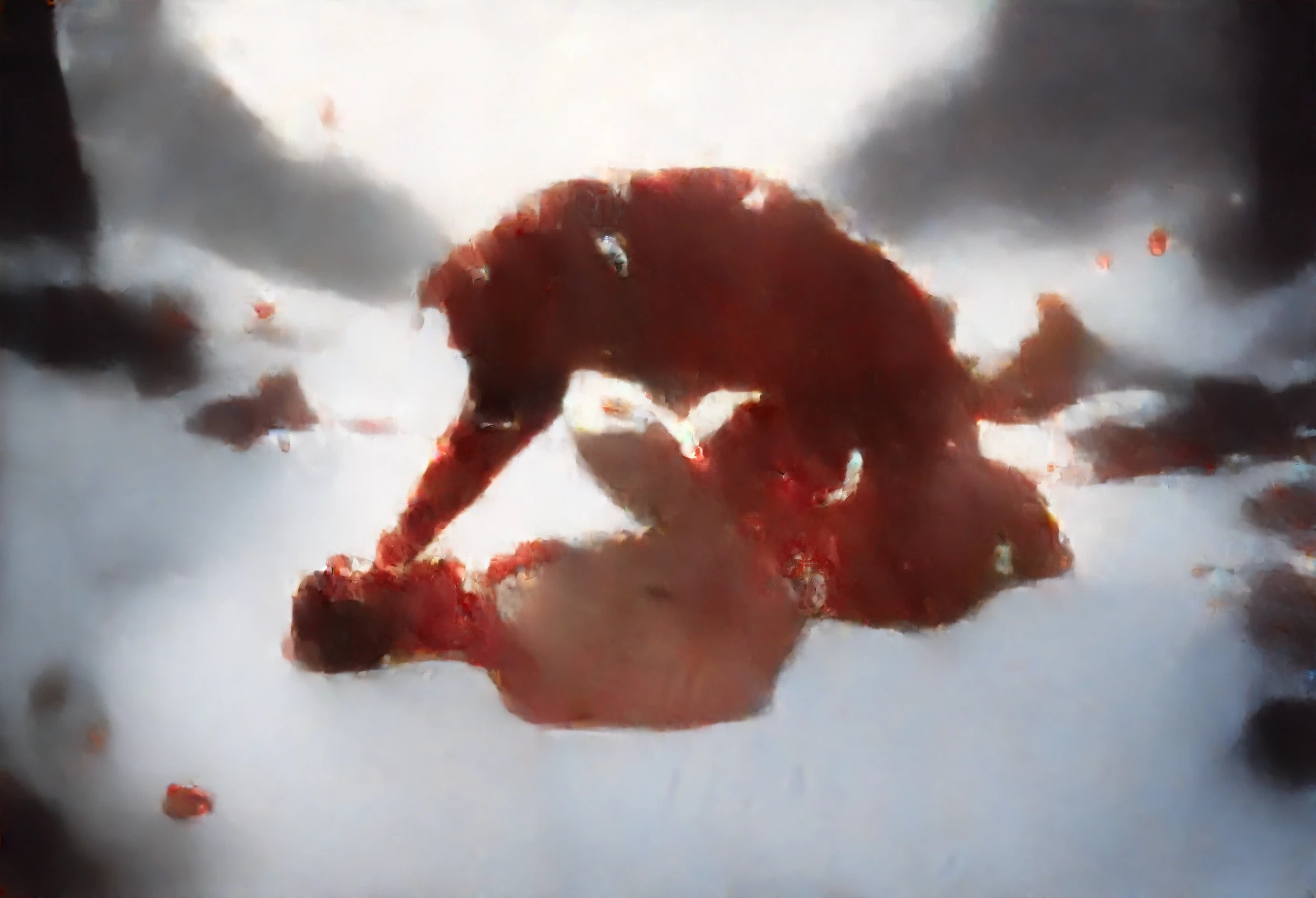 NSFW (nude) (Anna ((human)) medium breasts, strip of pubic hair) vaginal penetration fucking (((nude male furry red dog with red dog penis))), full body, in a deserted snowy landscape
