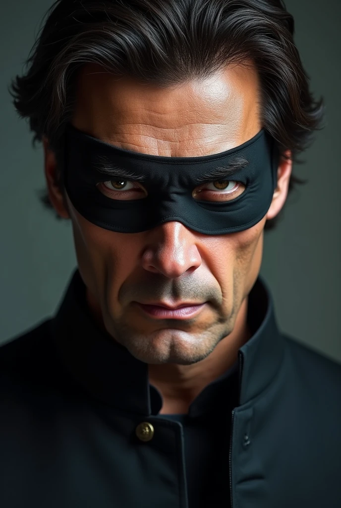 Imran Khan character ,  , wearing Kung Fu suite , close face , wearing eye band , clothe color black , realistic, 4 k , with devil smile 