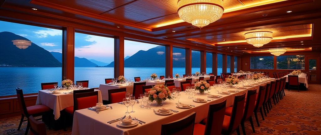 A large banquet hall on a cruise ship　hole　Night view　Luxury Resorts　Highly detailed landscape, Nice views, Shimizu,　 Relaxing lounge area, Impeccable service, Delicious cocktails, 海のNight viewビューを楽しめる高級レストラン, Quiet and tranquil atmosphere, romantic, Soft and warm ambient lighting, rich and vivid colors, Luxury and sophistication, Surreal，Highest quality