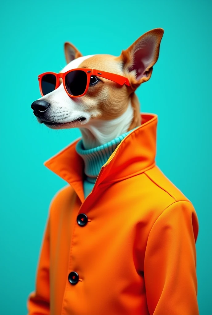 The best cell phone wallpaper, Award-Winning Wallpaper, portrait photography, In the front view is a portrait of a cute dog wearing mid-1960s space age fashion, Side view photo, Shot with Canon EOS R5, Set a strong contrast that accentuates the subject, Fluorescent blue tone, Wearing a very modern coat and sunglasses is a modern 1960s style, Clothes all in one color, beautiful background
