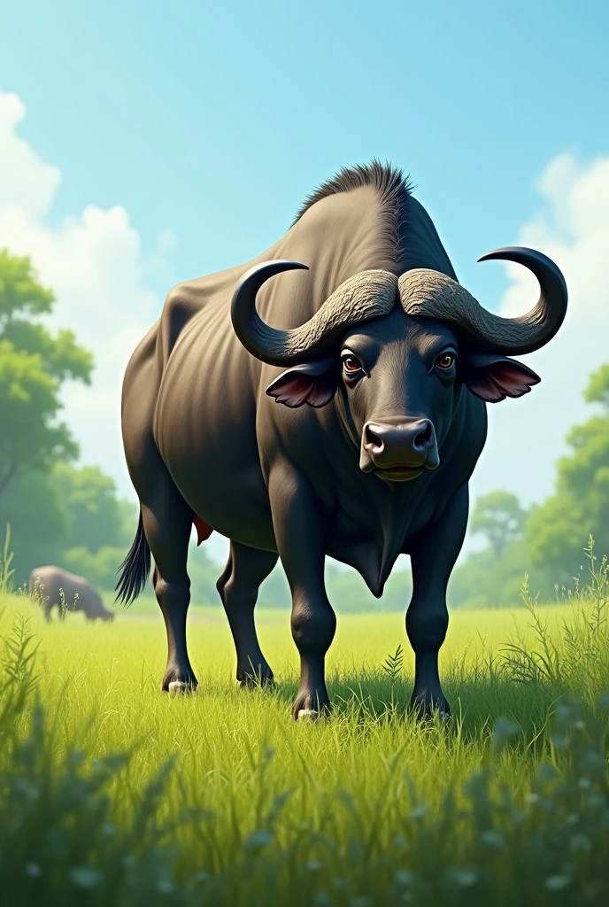 Indian Buffalo grazing in ground seeing in camera