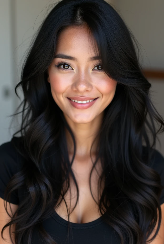 Perfect photo (long shiny black hair cut)), adorable, 1 female, (face to face), 30 years old, beautiful face, happy, half body portrait, (face details: 1), (eye details: 1), (( big breasts ) ). ((wearing a tight t-shirt))