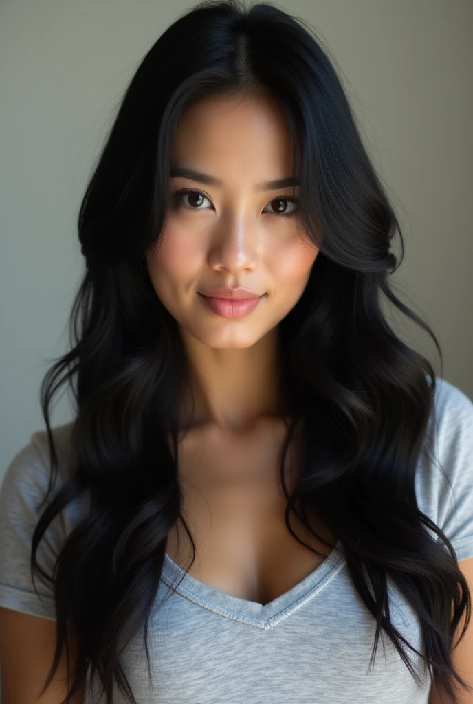 Perfect photo (long shiny black hair cut)), adorable, 1 female, (face to face), 30 years old, beautiful face, happy, half body portrait, (face details: 1), (eye details: 1), (( big breasts ) ). ((wearing a tight t-shirt))
