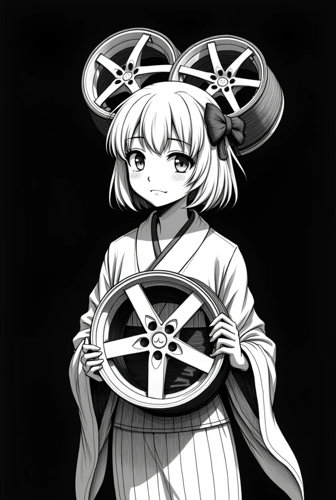 A drawing drawn with only a white pen on a black background. No grey, just black and white. A girl in a kimono holding a car wheel in her hand. The girl is looking to the side. Anime-like.
Hair length bob sits on 6 spoke wheels