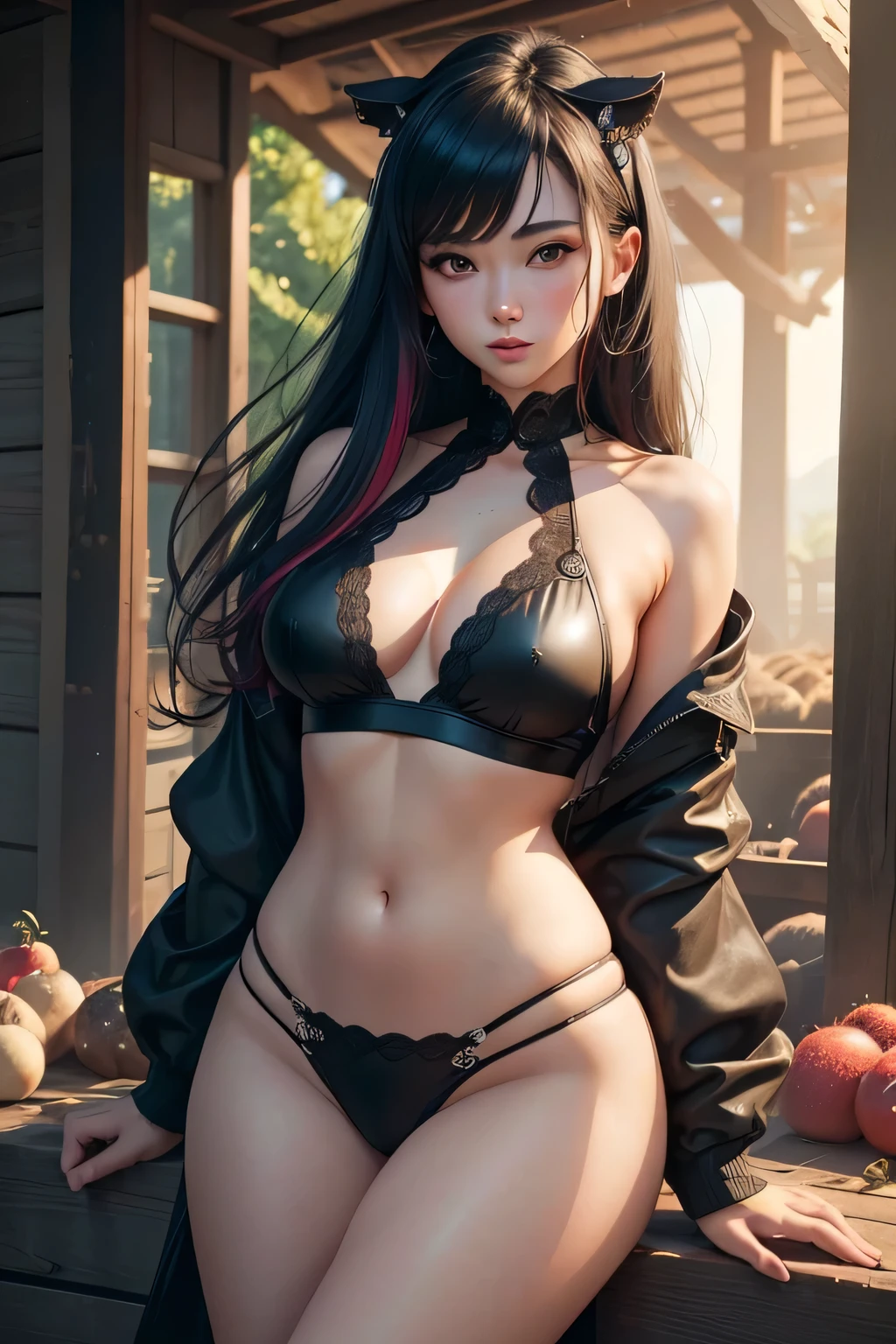 Create an image of (fully body: 1.5), high quality and extremely professional with the typical hentai manga illustration trend of artist Masahiro, using 8K resolution. The scene should be lit with a soft twilight light., providing a mystical and intriguing atmosphere. Use high-quality textures and realistic shadows for a stunning visual effect. Render the image with the Octane graphics engine in 3D Max or Blender to achieve a higher level of detail and realism. Image physics should have a balanced balance of black and white and use rendering sources for a polished finish. The image must be captured by the best current camera, uma Canon EOS R6 Mark II com lente RF 24-105mm f/4L IS USM, to ensure maximum sharpness and clarity. Model Description: kor: 18 years old Eyes: symmetrical, big teats, with long eyelashes ((Hair of various shapes and colors: 1,5)), gura: with lipstick, Soft Makeup Skin: soft, with small discolored hairs Body: medium breasts, Waist slender, medium hip, heart shaped buttocks Style: Body trend Brazilian woman, ((dressed in short farmer clothes: 1.5)) Pose: With her back turned looking at the camera with her sensual eyes, with mouth slightly open and a sensual pose, ((Scenario : The background should be an outdoor environment rich in detail and include farm and ranch animals.: 1.5)). {{Action: interact with animals: 1.5)), but stylized so as not to overwhelm the model's attention. The environment should complement the twilight lighting and add depth to the composition..