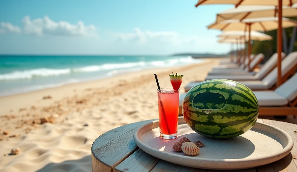 Sandy beach with waves, There are parasols, sunbeds and tables., There are cocktails and a watermelon radio on a tray on the table., There are seashells and shells on the sandy beach..