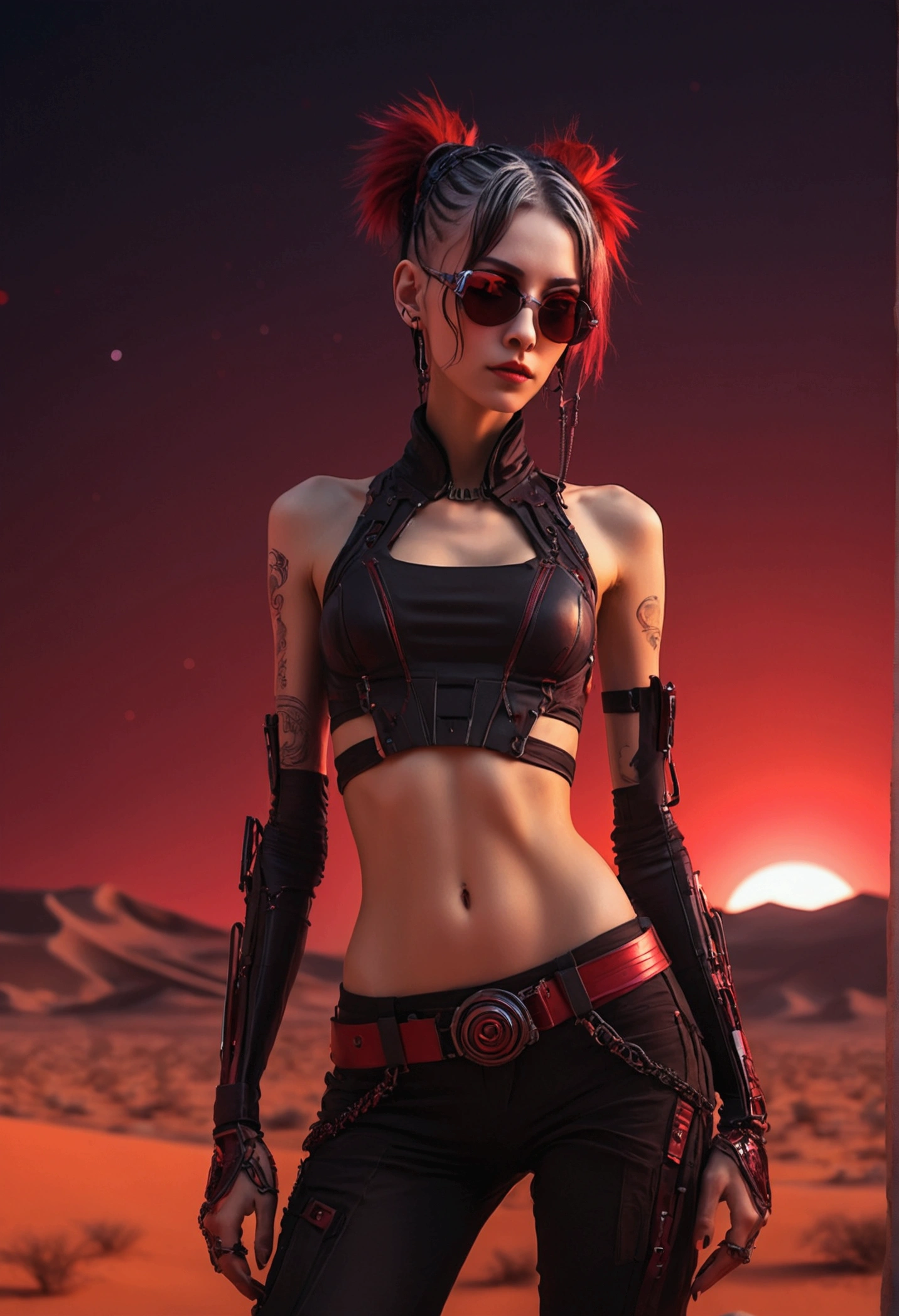 SKINNY CYBERPUNK GIRL POSING IN A NIGHT DESERT, RED LUNAR ECLIPSE BACKGROUND