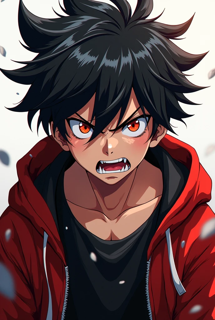 I want a who has red and black and white clothes, has black and white hair, an anime theme, an angry boy, a 12 year old childnt to look at