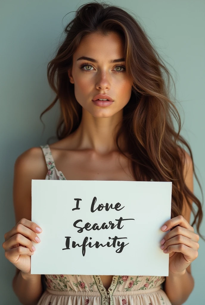 Beautiful girl with wavy long hair, bohemian dress, holding a white board with text "I Love Seaart Infinity" and showing it to the viewer