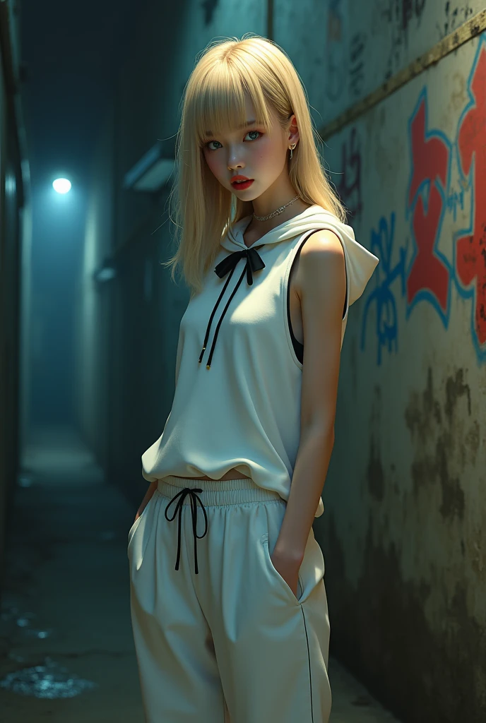 ((Biologically correct limb count))、(( Full-body photo including face))、4K、((Standing position))、masterpiece、((Focus on the face))、((Symmetrical facial features))、, (Natural skin texture, Eye for detailed depiction、 Hyperrealism, Sharpness), (Japanese teen girl in a dirty back alley At night, Put your hands in your pockets, graffitied wall:1.3), ((White hoodie, Sleeveless, White jersey pants)), (Flat Chest:1.3, Pale skin:1.2, Slender body), ((Blonde Straight Hair, Blunt bangs)), (Attractive face, Provocative look, Lips parted:1.3, Sagging under the eyes:1.2, Red thick lips), graffiti:1.5, At night, Upper Body Shot、In a completely different expression。Eye for detailed depiction、Beautiful woman、Great style、Beautiful clavicle、Beautiful legs、Beautiful Hands、Slender body、(Small Ass、Thin thighs）、(Striped stockings、High heels）、Detailed depiction of the face、Small earrings、necklace、(Knit dress、(Check skirt))、Face close-up、Turn 1&#39;look up、Look at me sideways、A bow tie、Nighttime hot springs、Super dense fog、