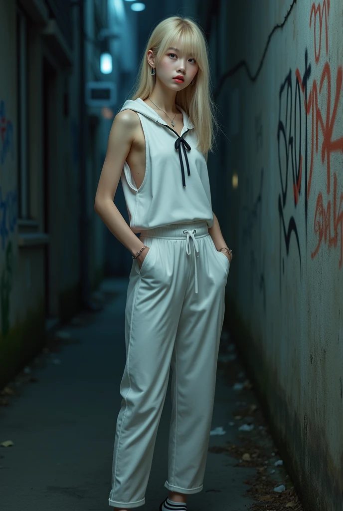 ((Biologically correct limb count))、(( Full-body photo including face))、4K、((Standing position))、masterpiece、((Focus on the face))、((Symmetrical facial features))、, (Natural skin texture, Eye for detailed depiction、 Hyperrealism, Sharpness), (Japanese girl in a dirty back alley At night, Put your hands in your pockets, graffitied wall:1.3), ((White hoodie, Sleeveless, White jersey pants)), (Flat Chest:1.3, Pale skin:1.2, Slender body), ((Blonde Straight Hair, Blunt bangs)), (Attractive face, Provocative look, Lips parted:1.3, Sagging under the eyes:1.2, Red thick lips), graffiti:1.5, At night, Upper Body Shot、In a completely different expression。Eye for detailed depiction、Beautiful woman、Great style、Beautiful clavicle、Beautiful legs、Beautiful Hands、Slender body、(Small Ass、Thin thighs)、(Striped stockings、High heels)、Detailed depiction of the face、Small earrings、necklace、(Knit dress、(Check skirt))、Face close-up、Turn 1'look up、Look at me sideways、A bow tie、Nighttime hot springs、Super dense fog、