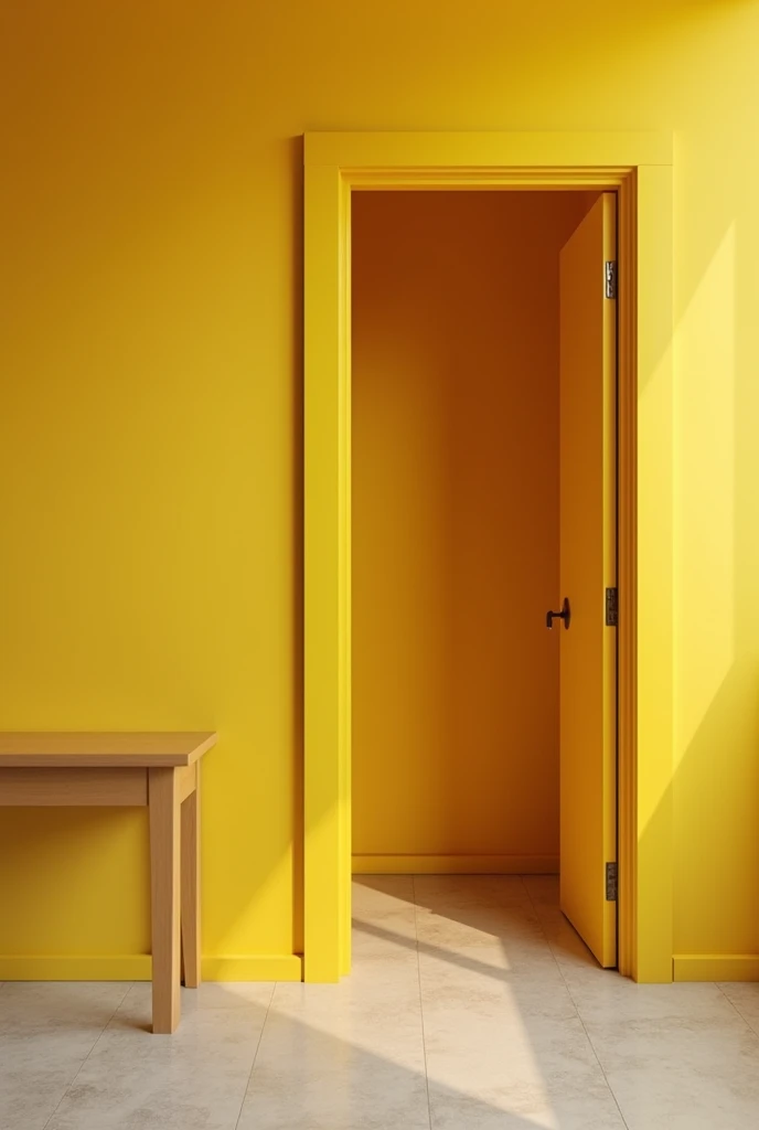 Tv desk yellow colour theme wall, entry door to its left, for congested using area