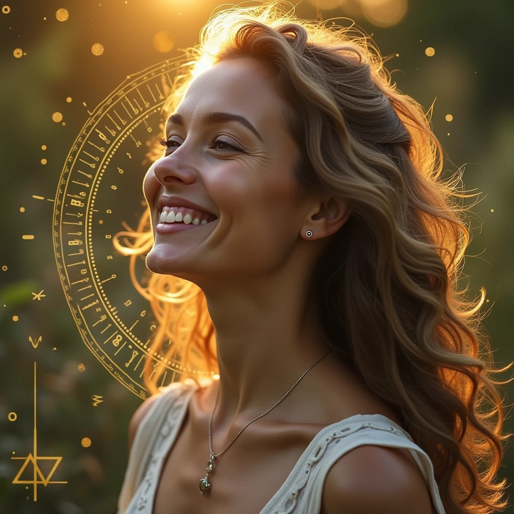 A modern and attractive visual art could be composed in the following way:

main image: a woman smiling, in a natural environment at sunrise or sunset, transmitting serenity and confidence.

Additional Elements:

Discreet Star of David in the lower corner, symbolizing kabbalistic numerology. 
(Graphic elements) NUMBERS 0 to 9 - golden lights radiating around the woman, suggesting enlightenment and new beginnings.
A small numerological chart or diagram next to the main image, to suggest map content.
This image should be engaging and catch the eye right away., leading the person to read the message with interest and motivation.