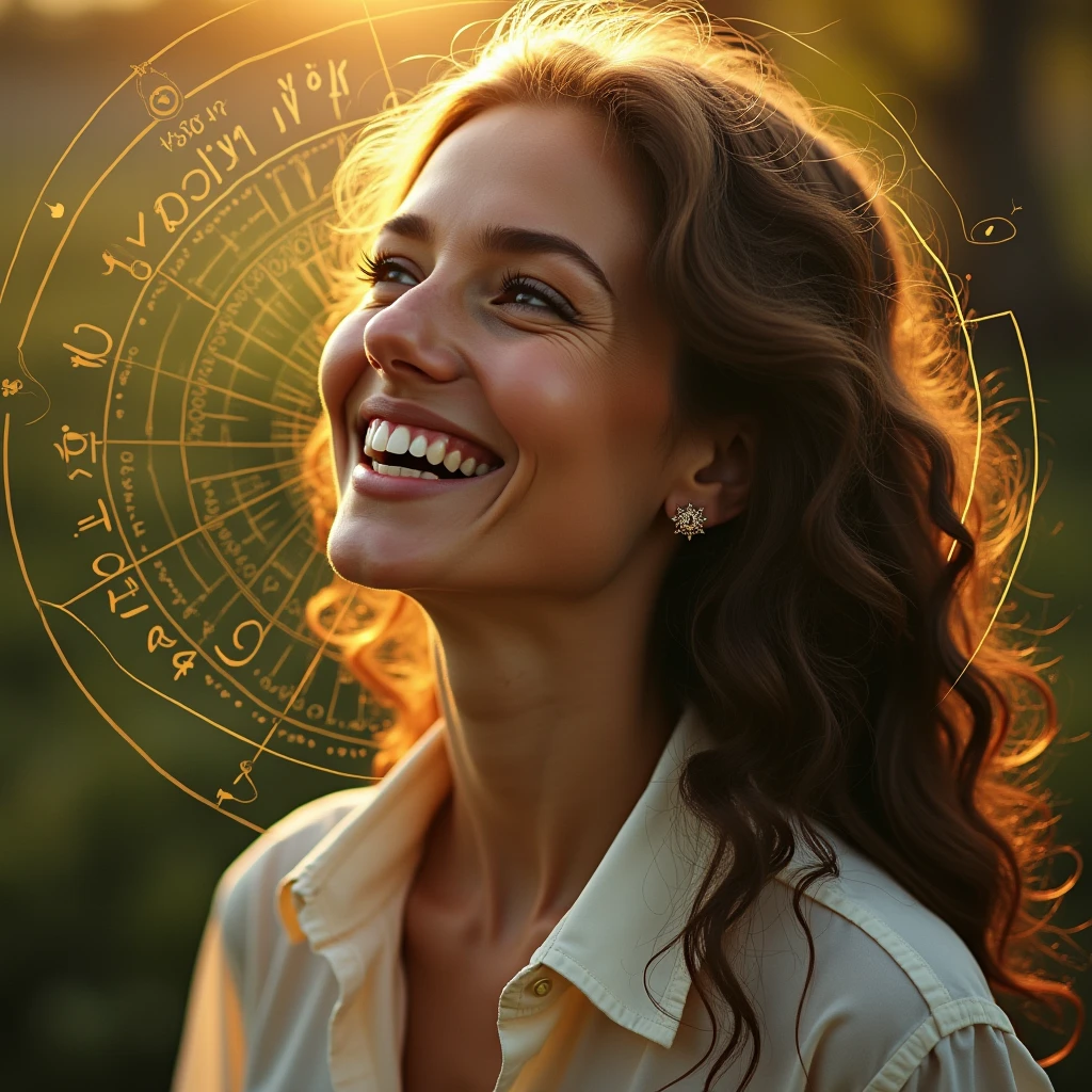 A modern and attractive visual art could be composed in the following way:
main image: a woman smiling, in a natural environment at sunrise or sunset, transmitting serenity and confidence.
Additional Elements:
Discreet Star of David in the lower corner, symbolizing kabbalistic numerology.
(Graphic elements) NUMBERS 0 to 9 - golden lights radiating around the woman, suggesting enlightenment and new beginnings.
A small numerological chart or diagram next to the main image, to suggest map content.
This image should be engaging and catch the eye right away., leading the person to read the message with interest and motivation.