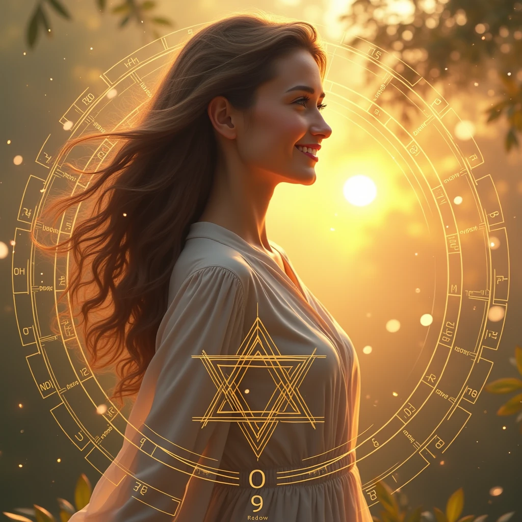 A modern and attractive visual art could be composed in the following way:

main image: a woman smiling, in a natural environment at sunrise or sunset, transmitting serenity and confidence.

Additional Elements:

Discreet Star of David in the lower corner, symbolizing kabbalistic numerology. 
(Graphic elements) NUMBERS 0 to 9 - golden lights radiating around the woman, suggesting enlightenment and new beginnings.
A small numerological chart or diagram next to the main image, to suggest map content.
This image should be engaging and catch the eye right away., leading the person to read the message with interest and motivation.