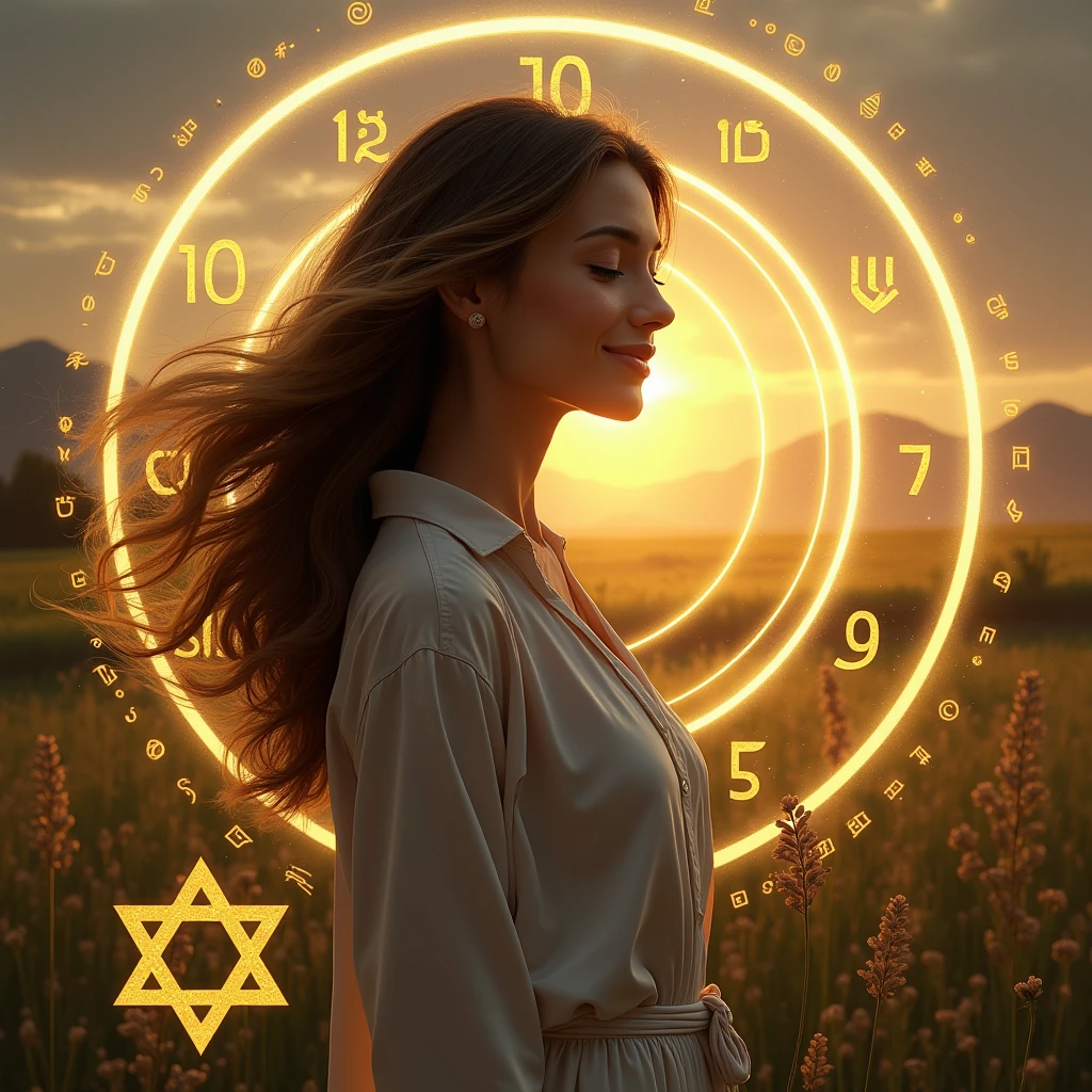 A modern and attractive visual art could be composed in the following way:

main image: a woman smiling, in a natural environment at sunrise or sunset, transmitting serenity and confidence.

Additional Elements:

Discreet Star of David in the lower corner, symbolizing kabbalistic numerology. 
(Graphic elements) NUMBERS 0 to 9 - golden lights radiating around the woman, suggesting enlightenment and new beginnings.
A small numerological chart or diagram next to the main image, to suggest map content.
This image should be engaging and catch the eye right away., leading the person to read the message with interest and motivation.