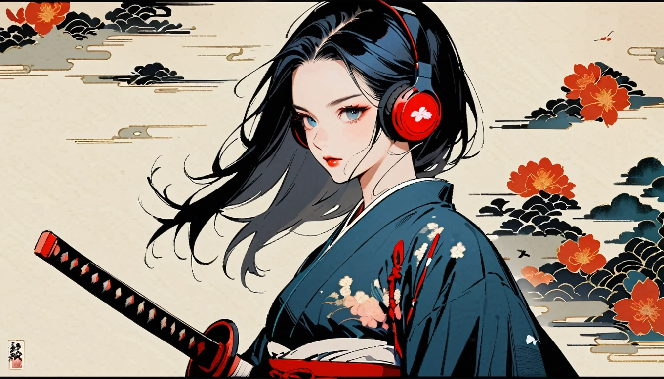 Ink Painting, (((1 girl))), (((samurai))), (((Japanese sword))), (((Swordsman))), (((Kimono with butterfly print))), Japanese style headphones, beautiful girl, Black Hair, Delicate and precise, Modern ukiyo-e style, Black and red neon