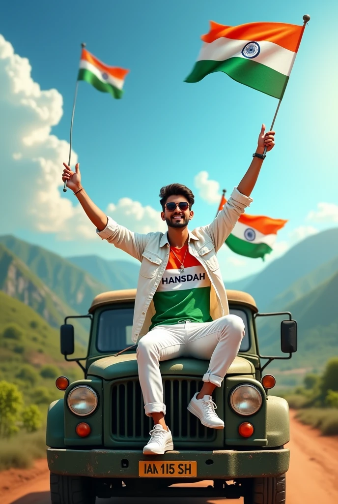 Create an Real image featuring a young man
sitting on the hood of army truck, with Indian's scenic background. He's holding a flag celebrating Indian 15th August. The boy wears a tirnga T-shirt with 'HANSDAH' printed on it, white jacket, white pants, white shoes and sunglasses."