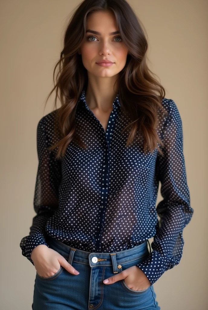 Big tit brunette in see through polka navy dot button down long sleeve shirt
