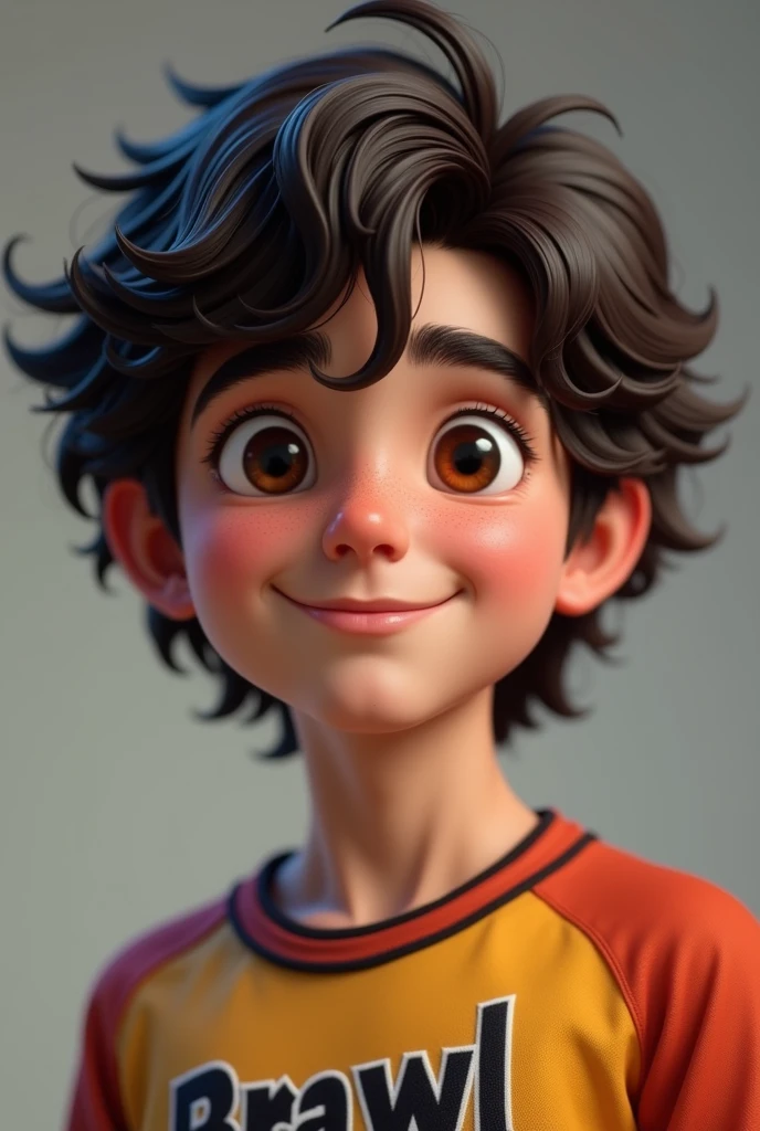 Create a photo of a boy with wavy hair, dark brown eyes, dark brown hair, with a team shirt called Bralw stars, at , height 1,70 Ultra-detailed, ultra-realistic, Realistic Chart,brown skinned