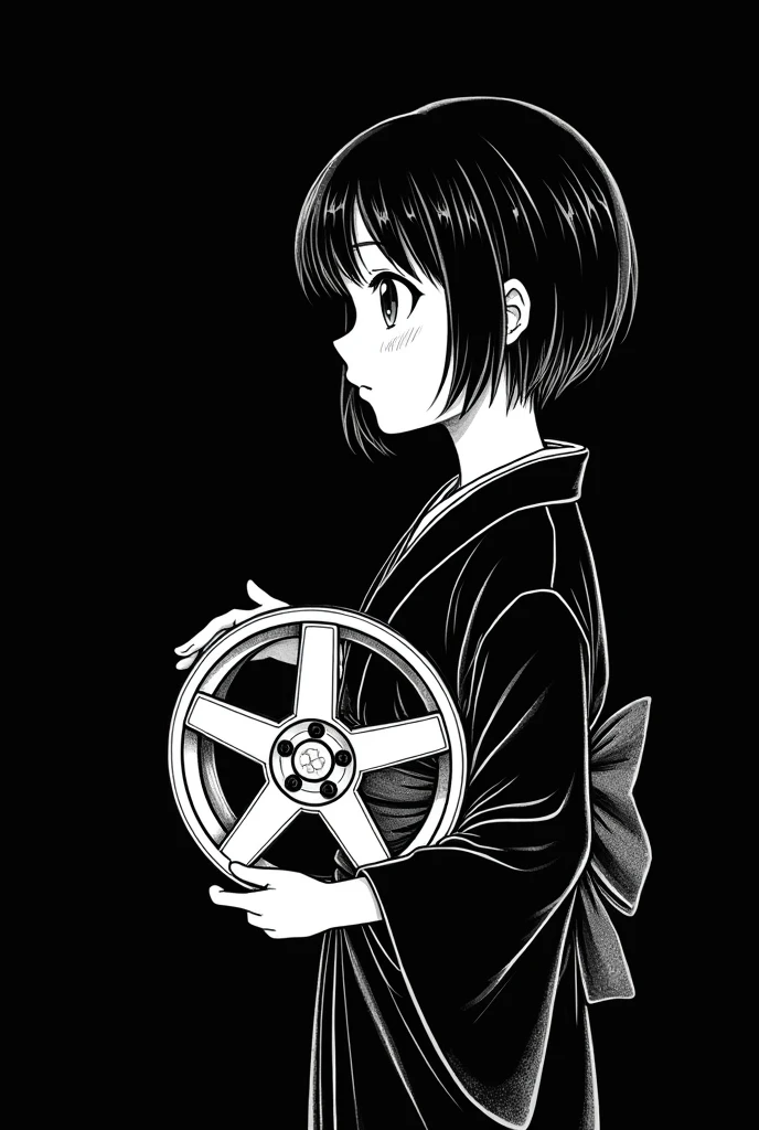 A drawing drawn with only a white pen on a black background. No grey, just black and white. A girl in a kimono holding a car wheel in her hand. The girl is looking to the side. Anime-like.
The length of the hair is bob. The wheel is a six-spoke wheel. Only one wheel is sitting.