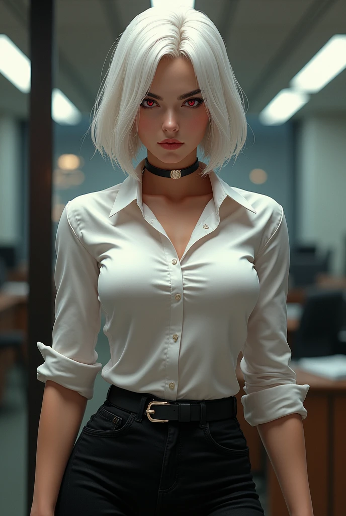 masterpiece, best quality, ultra-detailed, high contrast, realistic,(1woman),beautiful detailed eyes, looking at viewer,muscle thighs, tattoo, chest tattoo,( thigh tattoo, 1.1), sternum tattoo, White hair, bob cut Hair. CEO, professional, blue blazer, women’s suit jacket, professional skirt, glasses, secretary, office building, flirty, bra under blazer. 