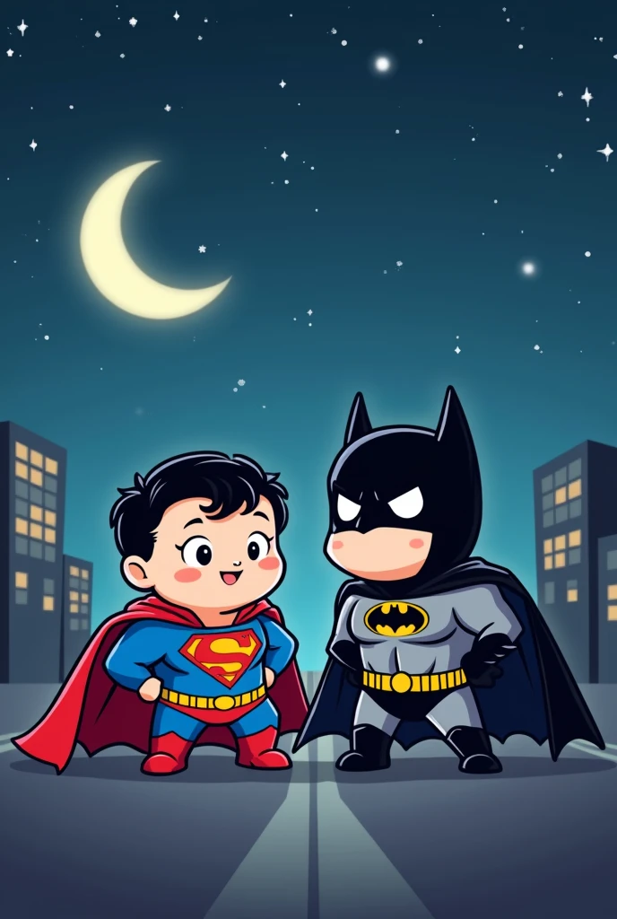 Superman and Batman in chibi art, night