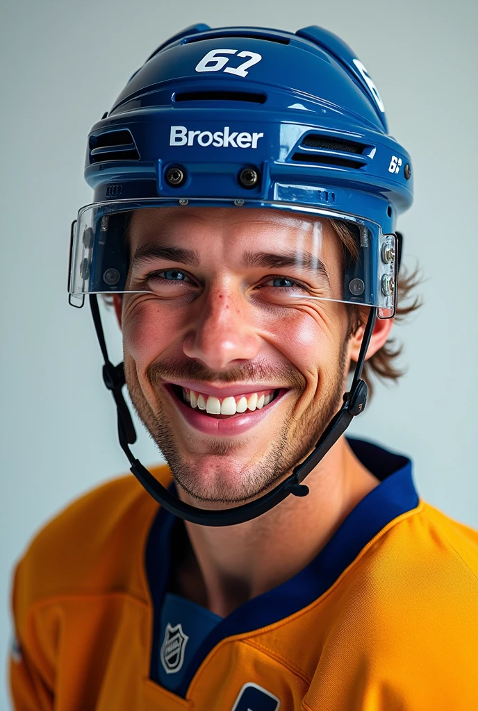 Ice hockey player smiling with helmet off