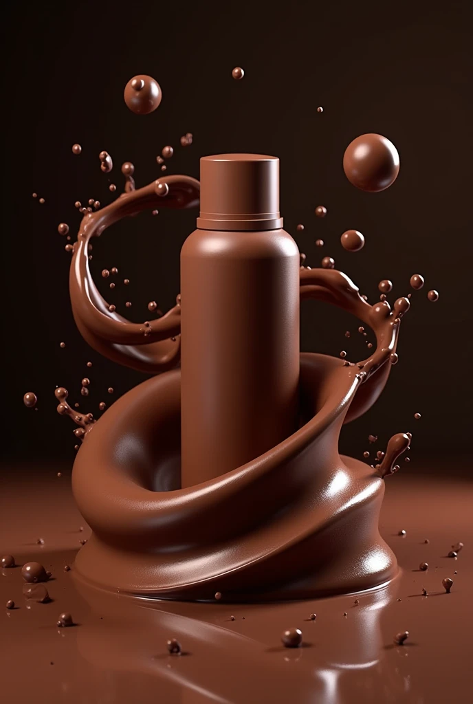 Chocolate liquid waves around the deo bottle and some chocolate bubble around the bottle with dark background, realistic photography