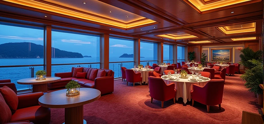 A large hall inside a cruise ship Night view Luxury Resorts Highly detailed landscape, Nice views, Shimizu, Relaxing lounge area, Impeccable service, Delicious cocktails, 海のNight viewビューを楽しめる高級レストラン, Quiet and tranquil atmosphere, romantic, Soft and warm ambient lighting, rich and vivid colors, Luxury and sophistication, Surreal,Highest quality