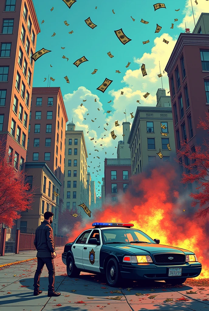 7Mandrak7 graffiti artist on top of several buildings , police car on fire , money rain