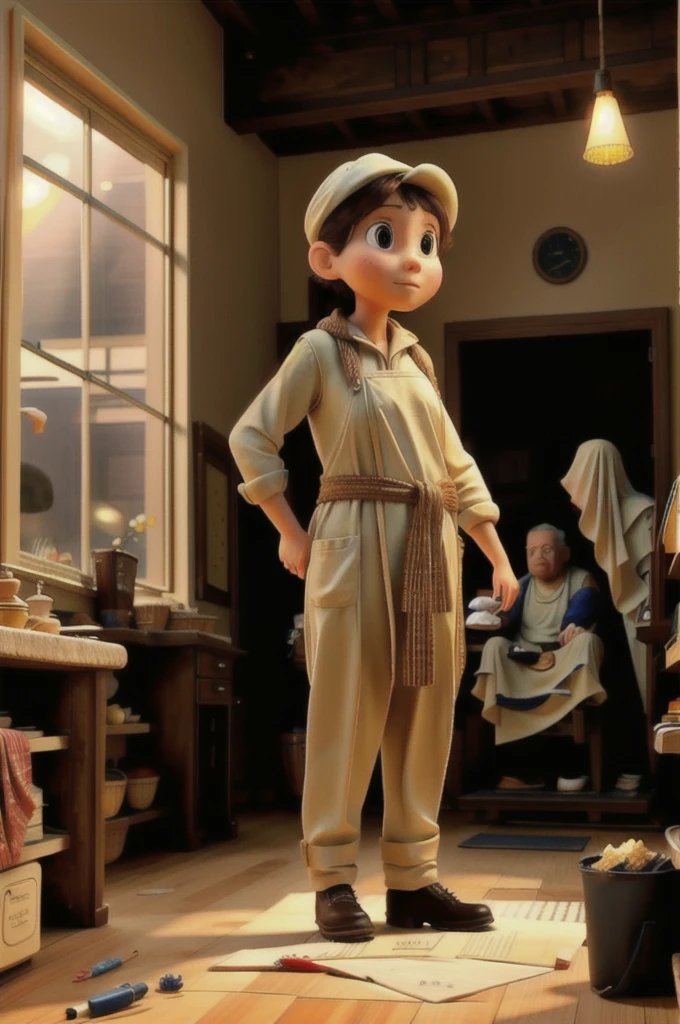 A girl watching an old man make a cake in his bakery