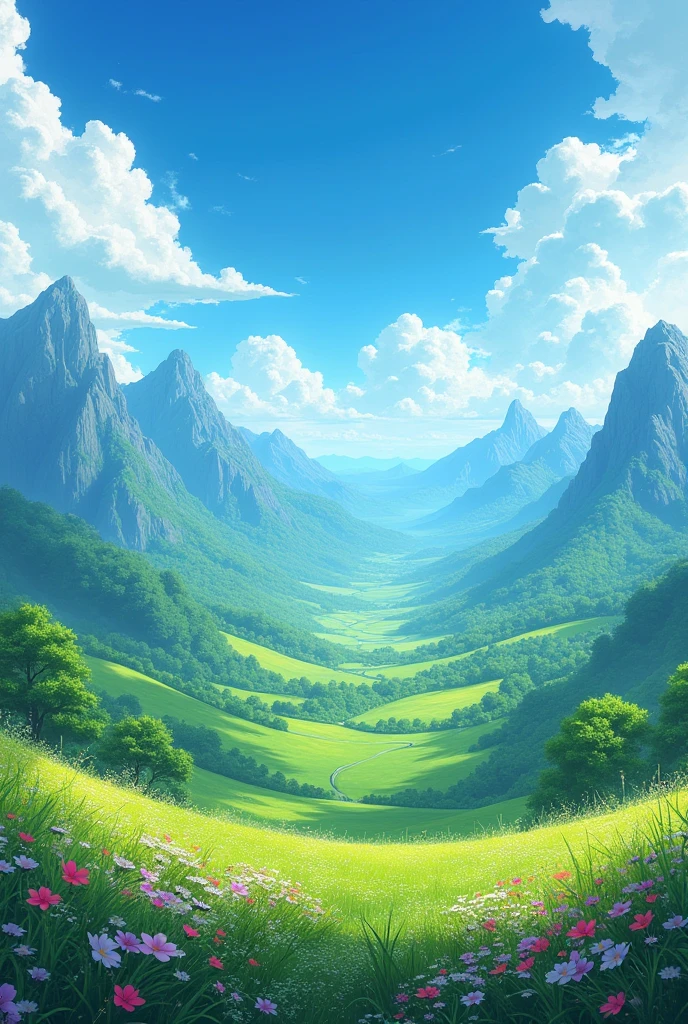 landscape, Valley, distant kingdom, flores, day, mountains in the background, green, colorful, 4k, anime, epic
