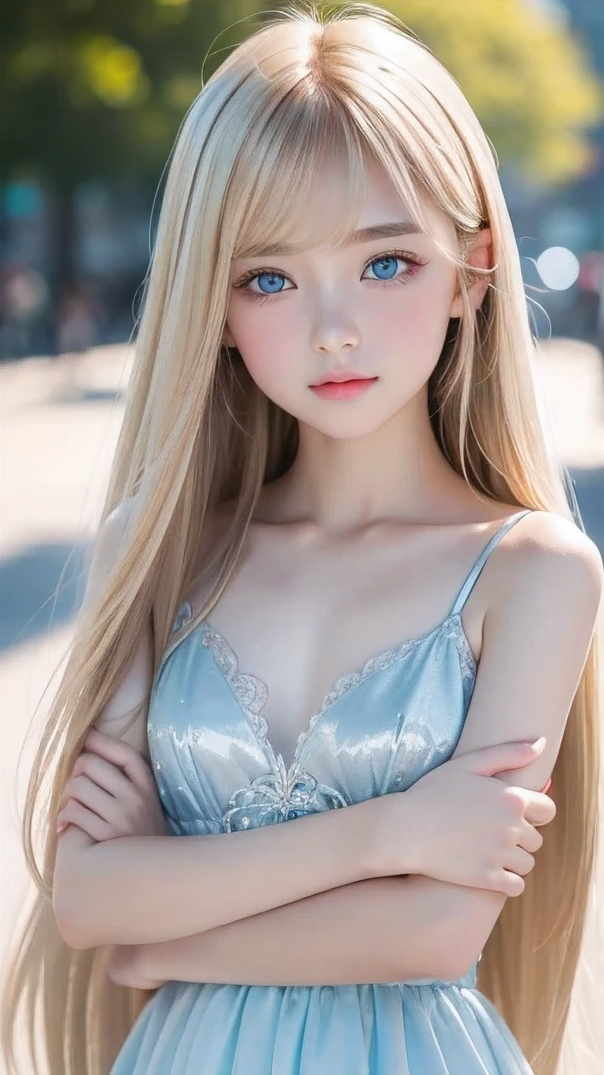 Crystal clear and shiny skin、Cute  13 year old with beautiful face、Very large, beautiful, bright, pale sky blue eyes、Very big eyes、Super long straight hair that shines in the light、Long, silky bangs that cover her cute eyes、Hair that hides sexy features、too long bangs、Sexy and cute young beauty、Super long natural young blonde hair with sparkling highlights Blonde over one eye Blonde over one eye、Blonde hair between the eyes