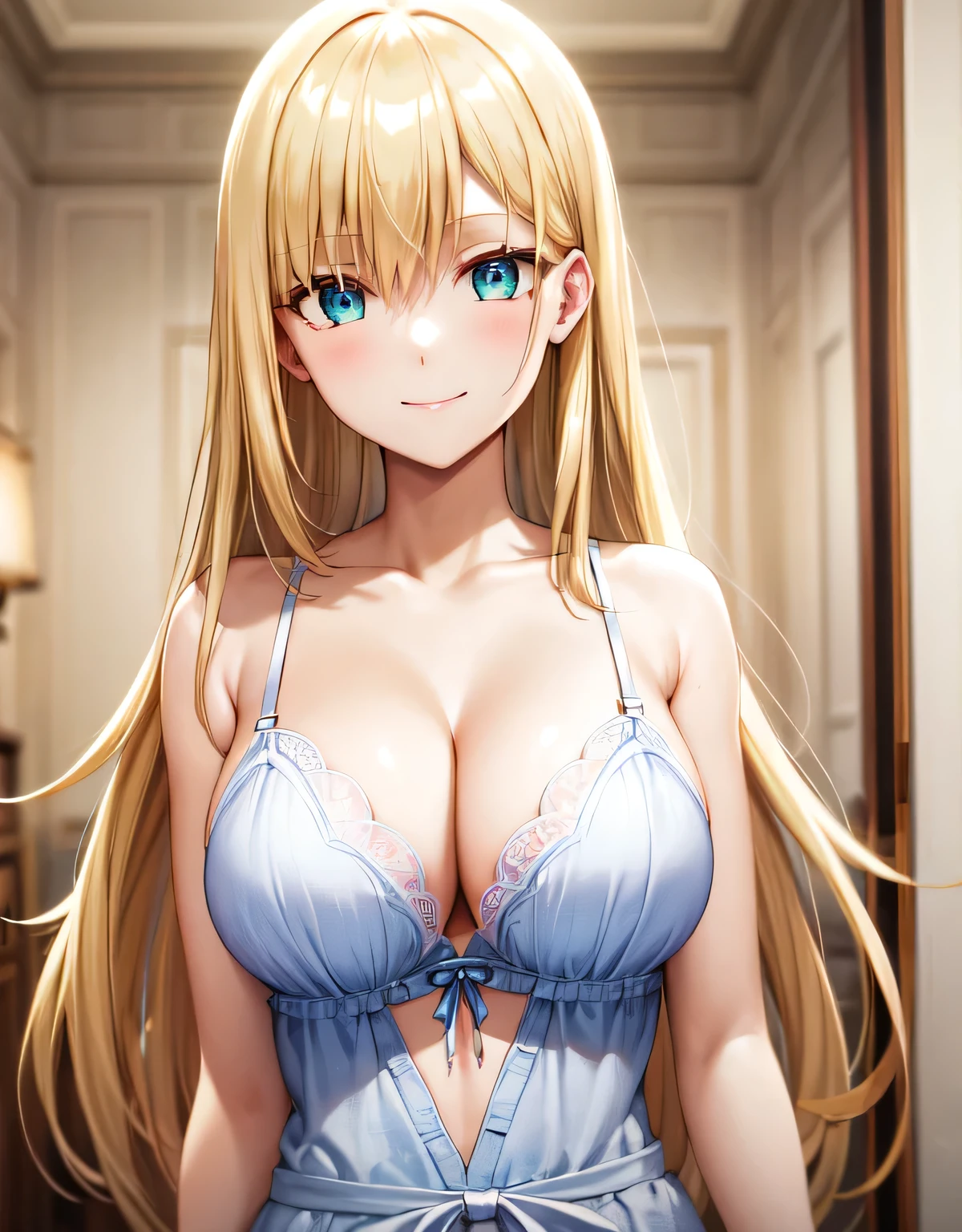 (large breasts:1.55),(shiny,hair),((solo)),((masterpiece)),((best quality)),perfect anatomy,slim waist,perfect image,8k UHD,(beautiful detailed eyes:1.5),extremely detailed face,standing,(upper body:1.25),(look at the front:1.5),arms behindback,ultra-detailed,absurdres,highres,roxy hart,(aqua eyes:1.1),blonde hair,smile,(luxury indoor room),lingerie,(deep cleavage:1.1),