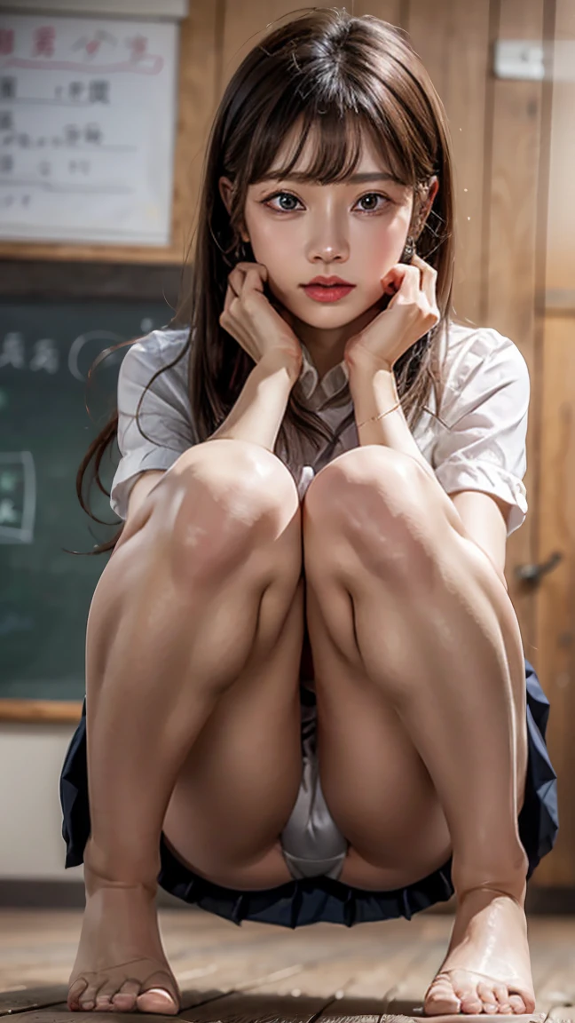 ((Roll up your skirt)), Pleated Skirt, blush, Round Face, (Drooping eyes), blush, ((((Embarrassed face)))) ((Spread your legs))classroom、beautiful girl、(真面目そうなbeautiful girl)Light brown hair、((No))、barefoot、barefoot、((Please pee))、The floor was wet with urine