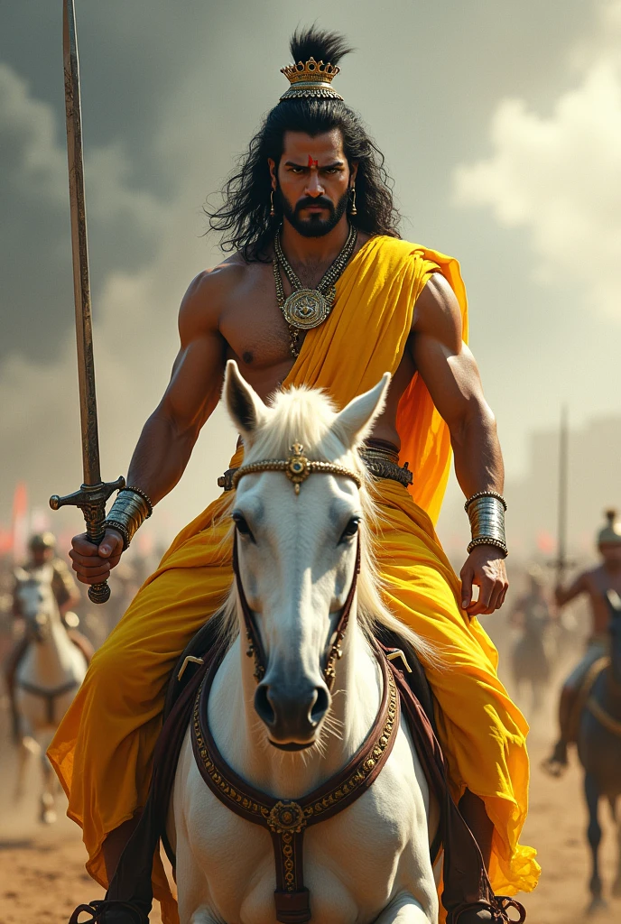 Create a image Prabhas as lord Kalki, he is a king, riding a white horse and a long sword in his hand. Wearing yellow dhoti. Looking like a warrior. Full and Front view from the battlefield