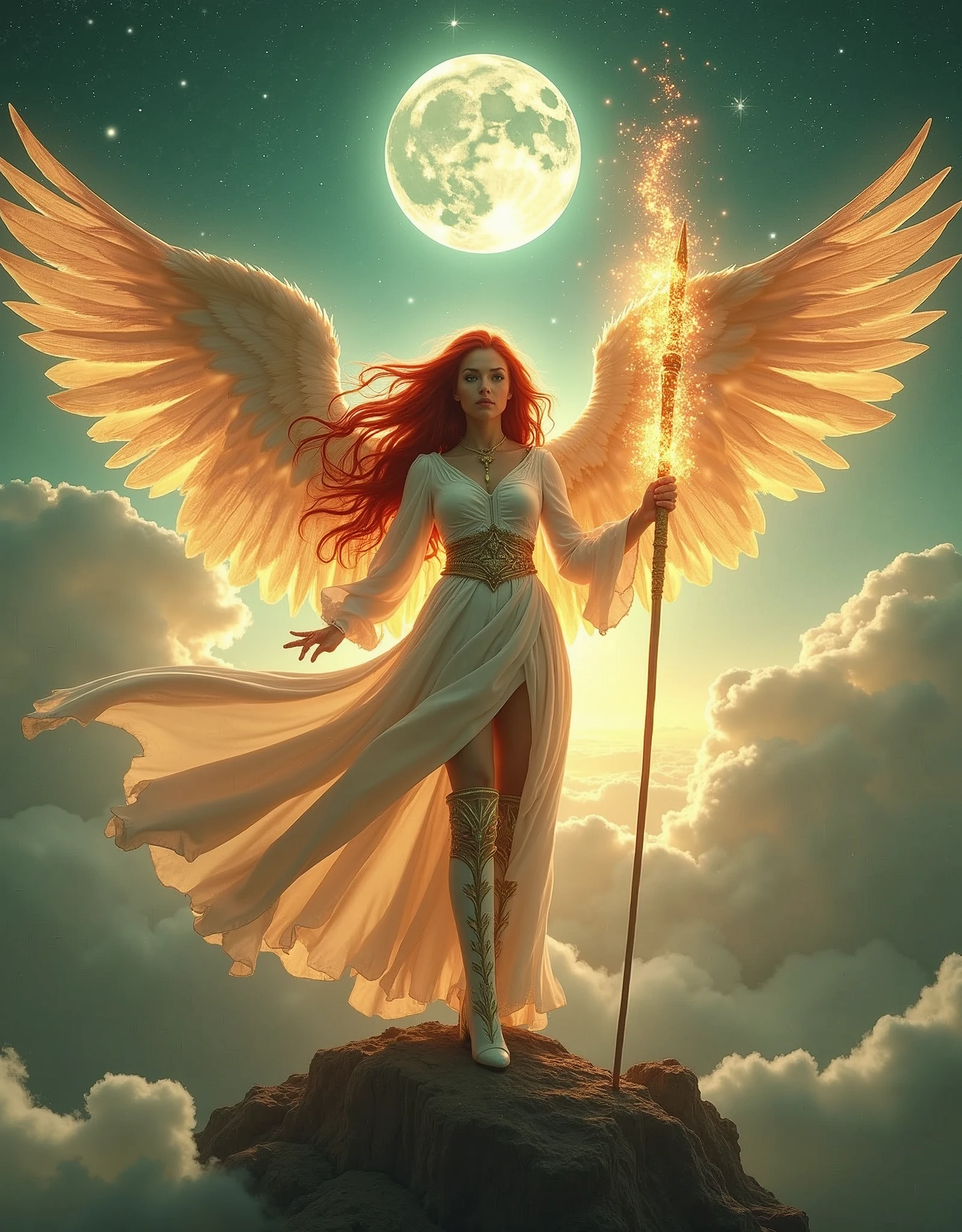 In the celestial expanse of fantasy heaven, a majestic Aasimar sorceress stands tall, bathed in divine light, as she unleashes a blazing spell. Set against a panoramic backdrop of a full moon, twinkling stars, and wispy clouds, her figure is rendered in photorealistic detail, with high-heel boots and flowing red locks billowing behind her. Her intense green gaze pierces the radiance, as her staff crackles with energy, illuminating the delicate features of her ultra-feminine visage. Angelic wings, spread wide like embracing arms, frame her silhouette against the soft focus of the clouds, while the cinematic lighting casts a dramatic shadow on the heavens, highlighting the sorceress's regal presence , retina, accurate, masterpiece, super detail, high details, best quality, award winning, highres, HD, 4K, 8k, 16k,