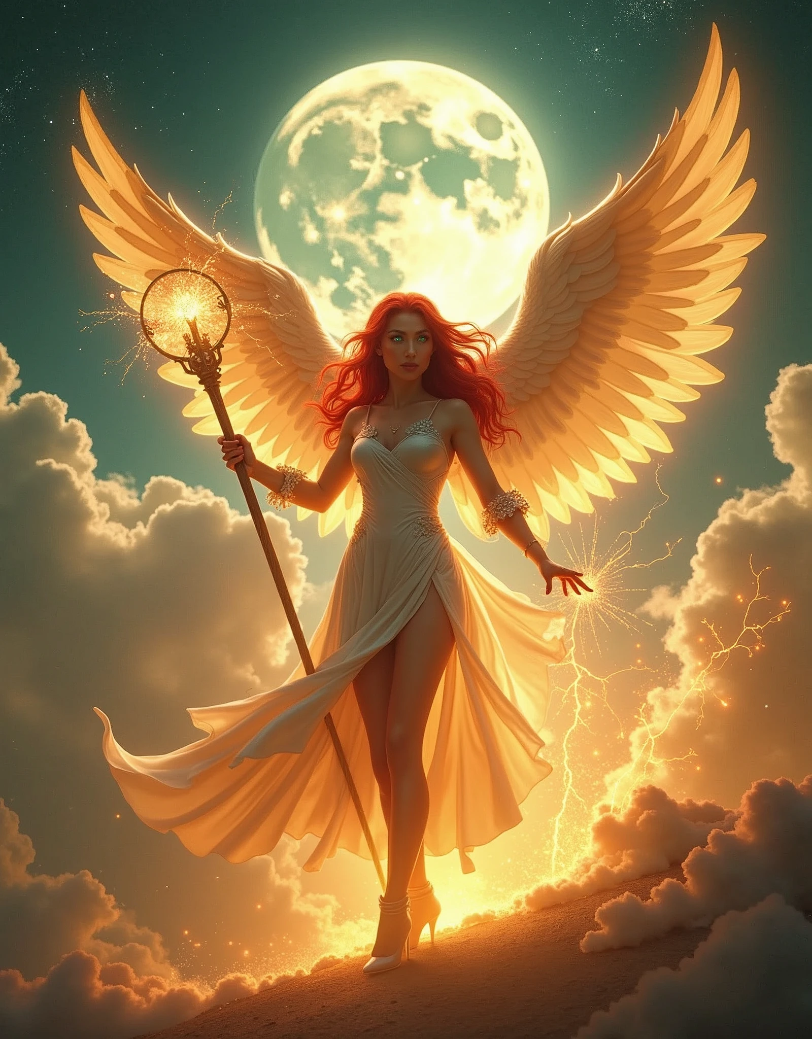 In the celestial expanse of fantasy heaven, a majestic Aasimar sorceress stands tall, bathed in divine light, as she unleashes a blazing spell. Set against a panoramic backdrop of a full moon, twinkling stars, and wispy clouds, her figure is rendered in photorealistic detail, with high-heel boots and flowing red locks billowing behind her. Her intense green gaze pierces the radiance, as her staff crackles with energy, illuminating the delicate features of her ultra-feminine visage. Angelic wings, spread wide like embracing arms, frame her silhouette against the soft focus of the clouds, while the cinematic lighting casts a dramatic shadow on the heavens, highlighting the sorceress's regal presence , retina, accurate, masterpiece, super detail, high details, best quality, award winning, highres, HD, 4K, 8k, 16k,