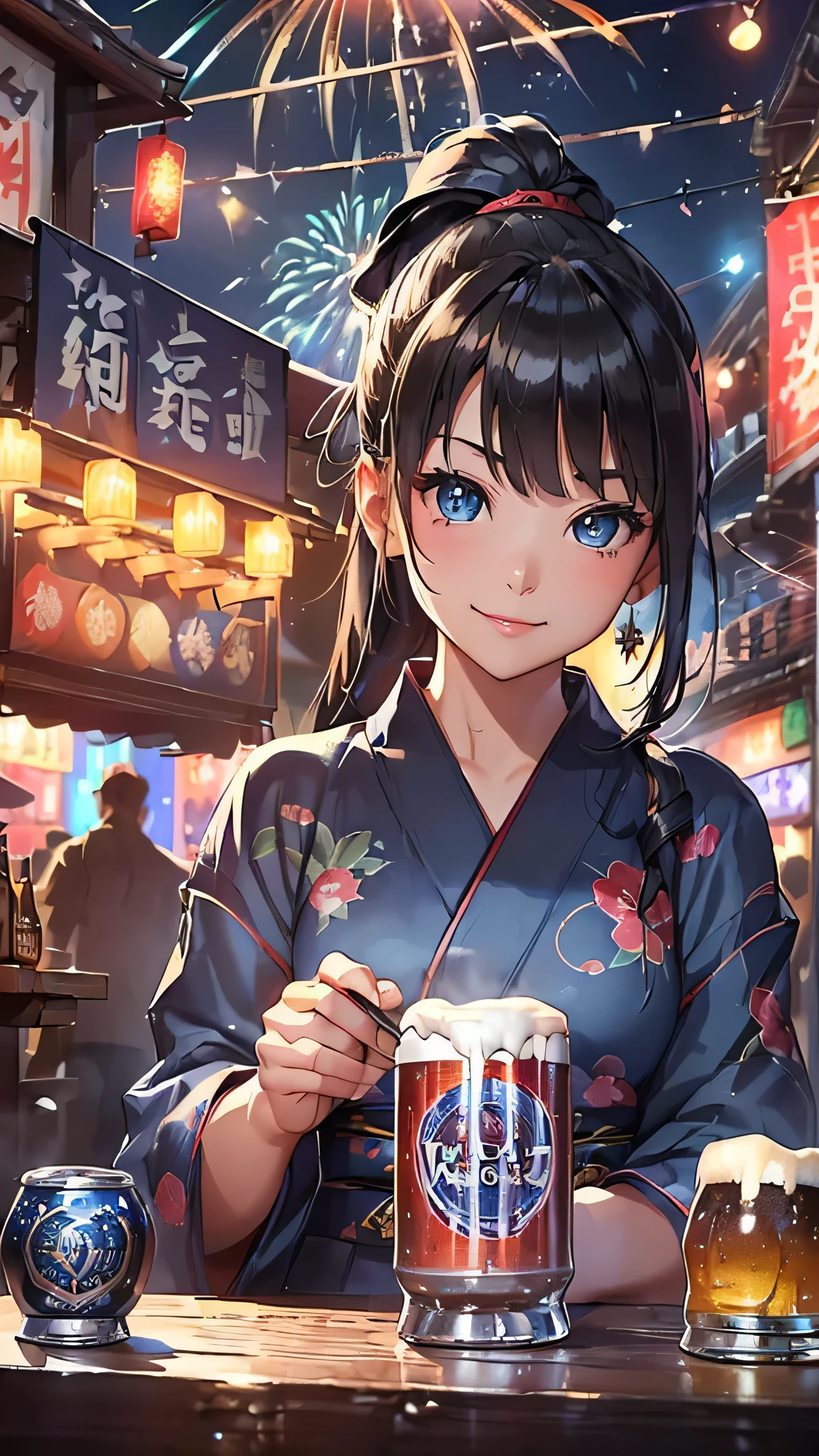最high quality、Best image quality、masterpiece、With a girl((cute、20-year-old、Best Bust、Medium Bust、Beautiful Blue Eyes、Spread your chest wide,Black Hair、ponytail、Disheveled Hair、thin、Highest Valley、Red yukata、smile、Beer を持つ、Drunk))high quality、Beautiful art、background((night、festival、stall、Fireworks、Beer )),Tabletop、Exquisite design、Visual Arts、Written boundary depth、Best lighting、Highest detail、8k