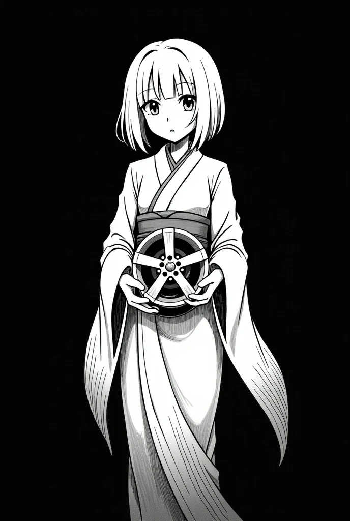 A drawing drawn with only a white pen on a black background. No grey, just black and white. A girl in a kimono holding a single car wheel. Her hair is white. The girl is looking diagonally to the side. Anime-like.　
The length of the hair is bob. The wheel is a six-spoke wheel. Only one wheel is sitting.

