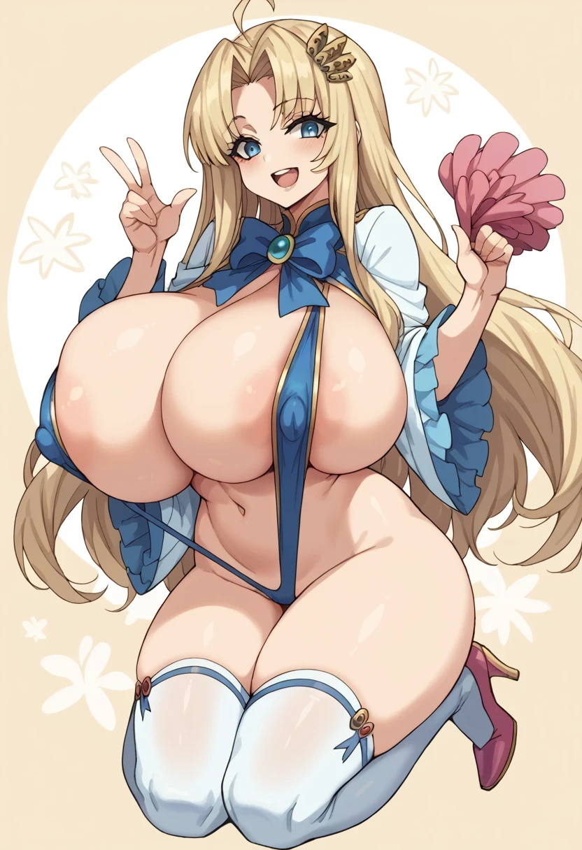 Row, a character from Tate no Yuusha, In her adult human form, she is a tall woman who has long blonde hair., loose and slightly wavy, that cascades down her back with a sleek and voluminous look. Big, blue eyes with a seductive appearance but maintaining their characteristic shine. clear and smooth skin. Figure with pronounced curves, big bust, narrow waist and wide hips. She wears a blue slingshot swimsuit with ruffles and sophisticated pink bows that highlight her extremely voluptuous figure with much larger than normal breasts and puffy nipples.. Large, feathered ears, similar to those of a bird but adapted to its more adult appearance. Happy and confident expression, reflecting his energetic and playful personality with a touch of maturity. Sweet and innocent expression, reflecting his curious personality. His expression is haughty and self-confident., with a seductive and playful smile. She has a voluptuous and well-proportioned figure., con un big bust y curvas acentuadas. He is standing on the beach with the sea in the background and a confident expression on his face, showing his characteristic seductive and elegant gesture. (masterpiece quality, High resolution, detailed background:1.22), (giant breasts:2.15), looking at the viewer, malicious smile. She also wears light blue thigh-high stockings and pink high-heeled shoes.. Her expression is confident and seductive..