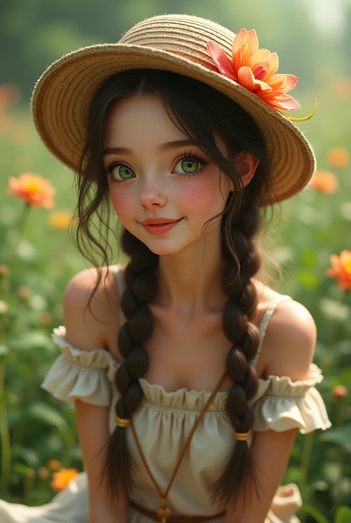 BREAK, rating_safe, zy_mirabel, 1girl, long hair, hat, flower, braid, freckles, hat flower, twin braids, large breasts, green eyes, sit, garden, realistic, photo, real hair, detailed skin, highly detailed, detailed skin, depth of field, film grain,animation,