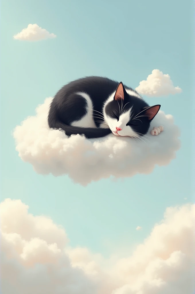 tuxedo cat sleeping on a cloud