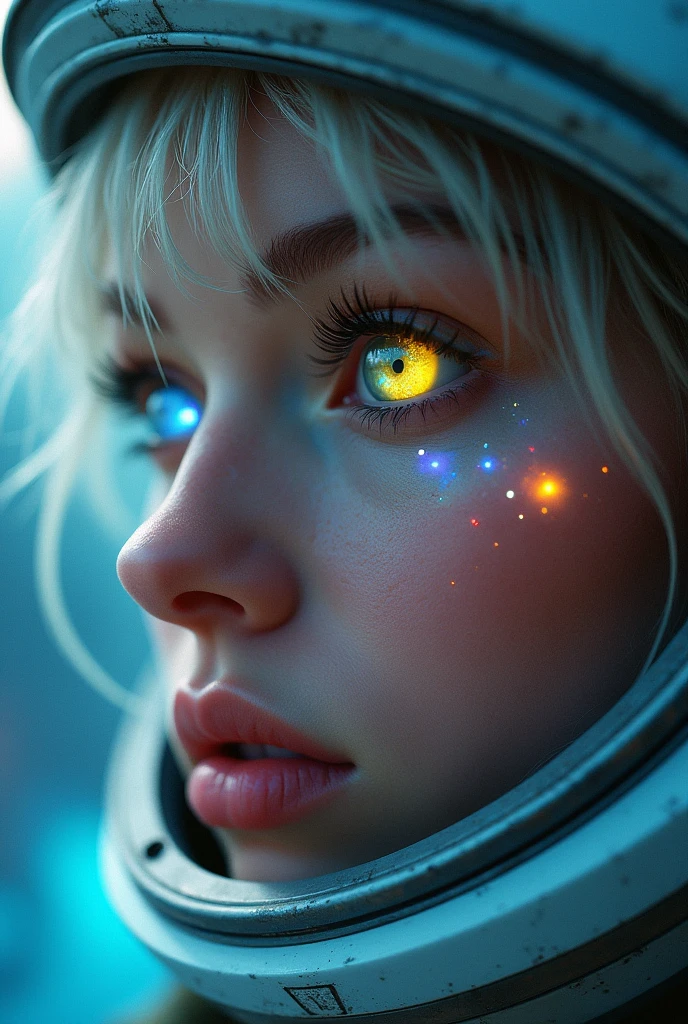 (Close-up of a better masterpiece:1.5)0.9], (Space and astronauts:1.2) (Messy silver hair:1.1) (Heterochromia xanthochromia and blue eyes:1.2) (Space Helmet:1.0) (Colored stars in the eyes:1.0) (A radiant glow:1.1) (thick lips:0.9)